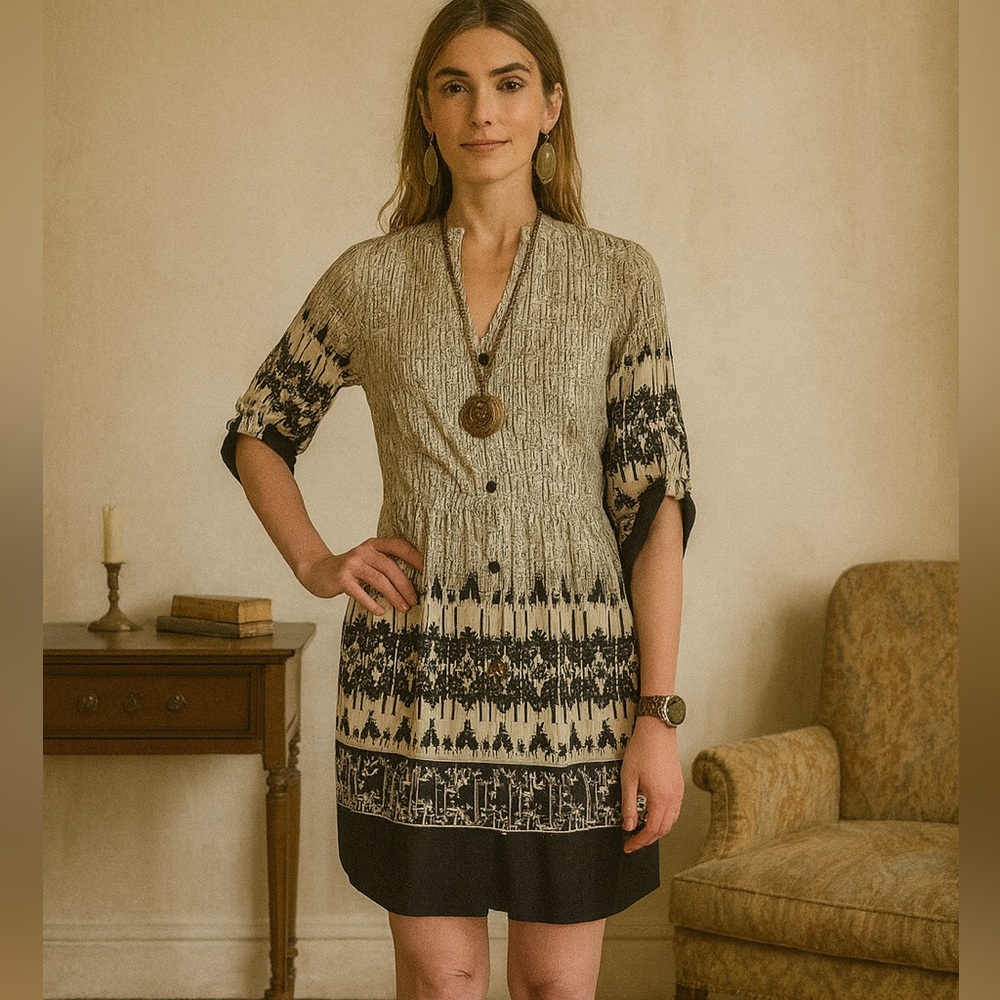 Charming Charlie Black Cream Button Down Midi Dress Size Small Wednesday Addams